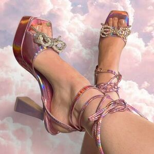 Dolls Kill • Iridescent Pink Lace Up Pyramid Heels
